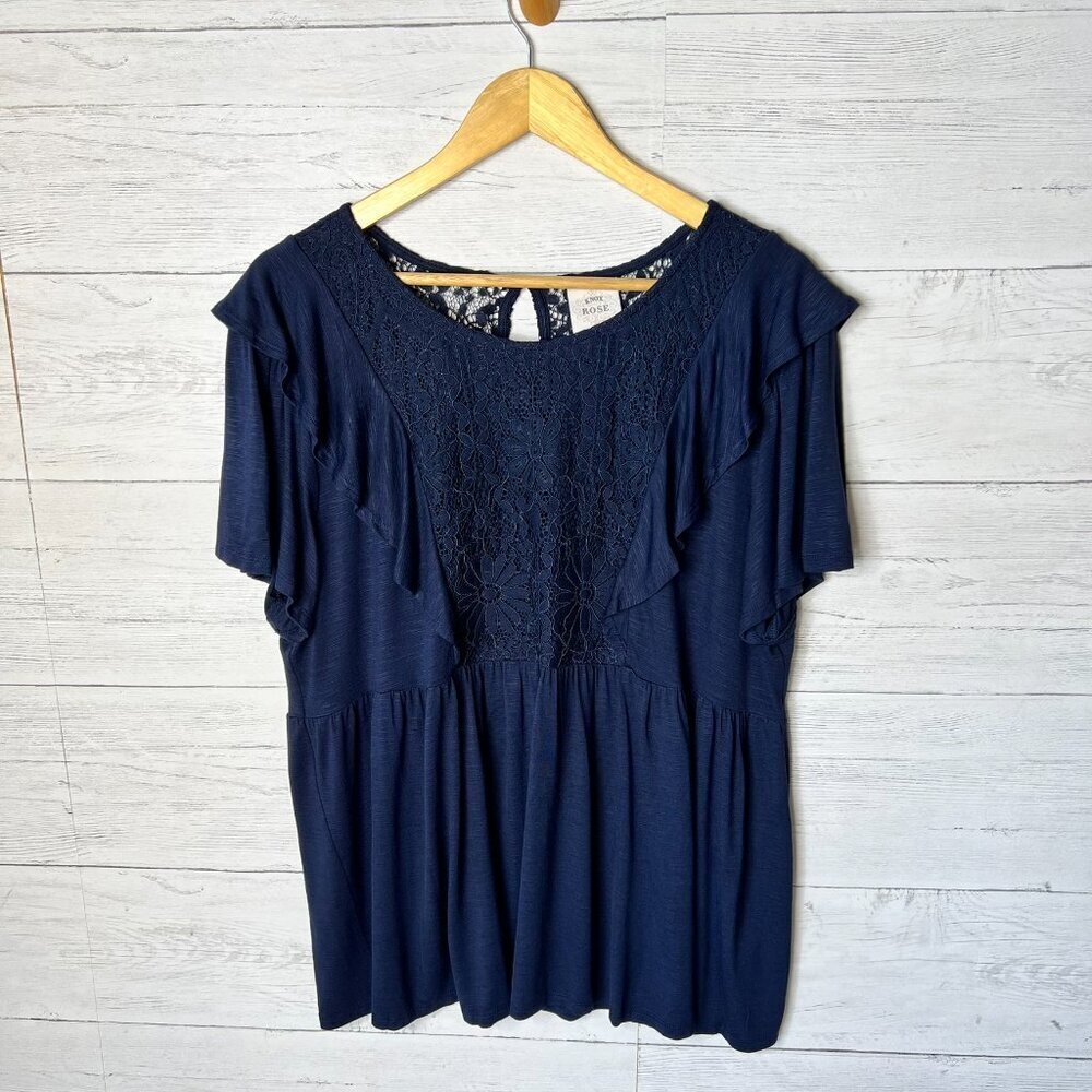 Knox Rose Blouse Womens Size XXL Navy Indigo Ink Floral Lace Babydoll Top - Picture 4 of 16